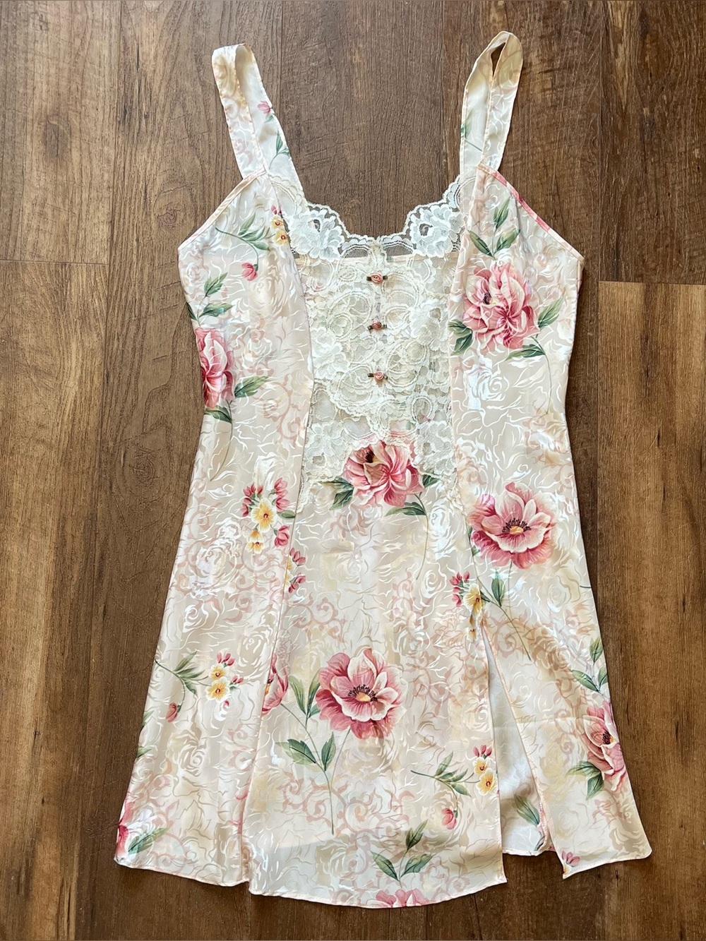Vintage Satin Floral and Lace Side Slit Slip Dress by California Dynasty SZ M